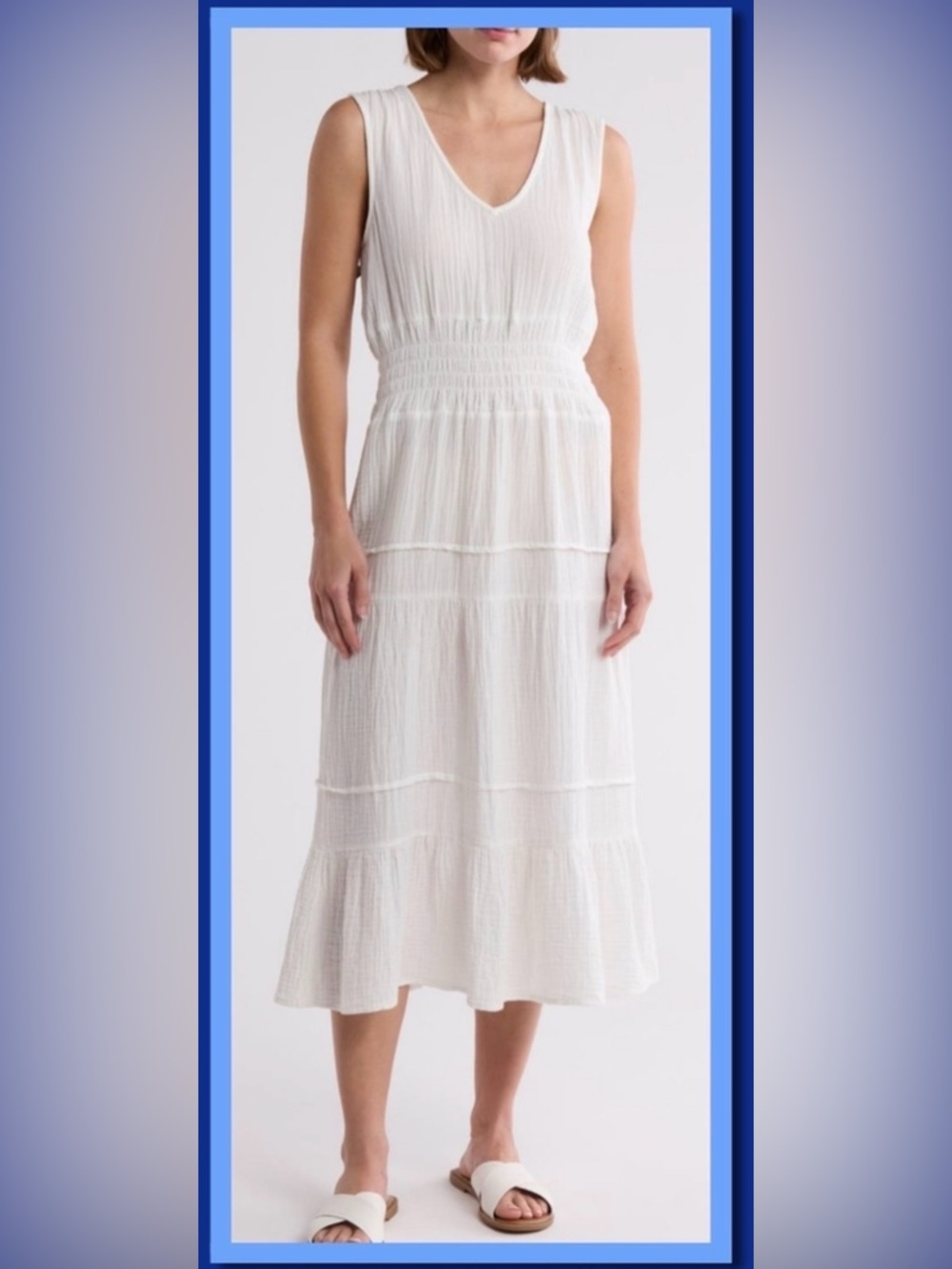 Women's WHITE 100% Cotton Gauze Midi Dress with Smocked Waist NWT